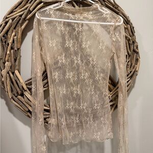 Sheer Lace Long Sleeve Top in Beige